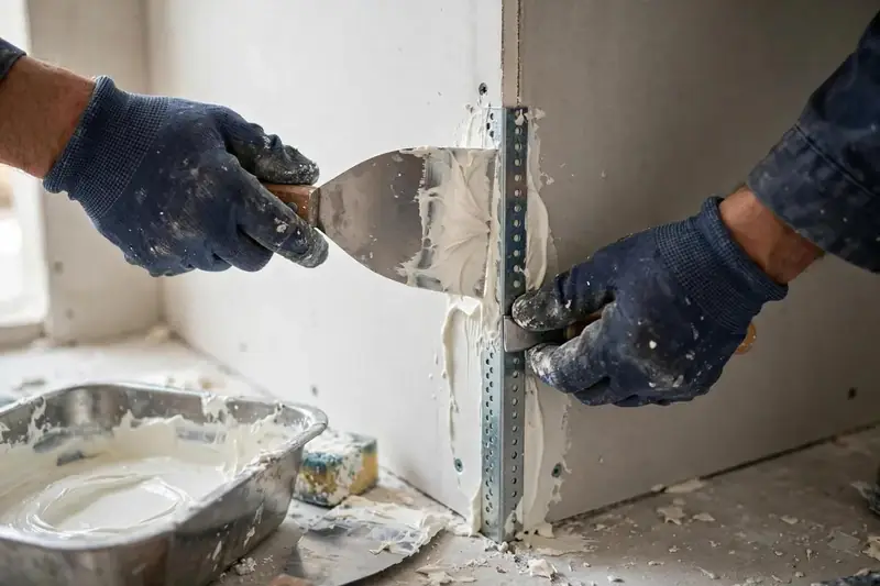 Worker installing a metal corner bead on a Silver Spring wall corner