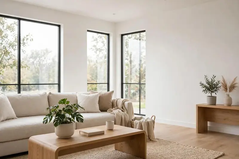 Bright living room with smooth freshly finished drywall walls