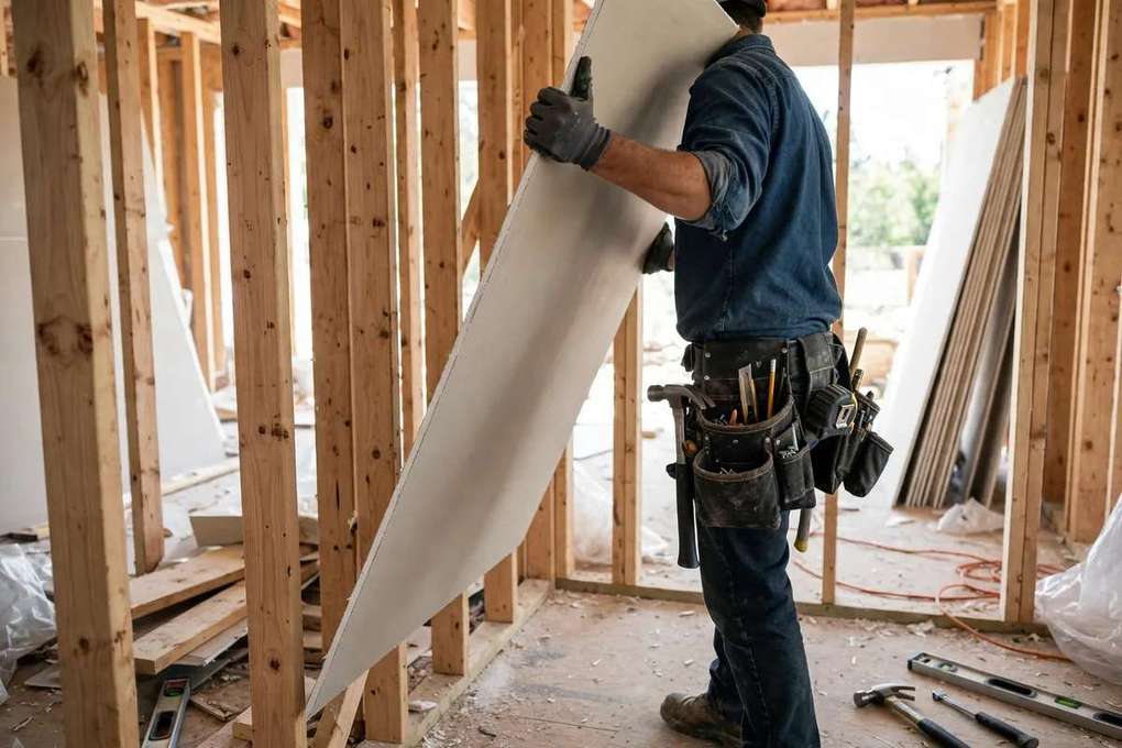 Drywall installer carrying a sheet into a framed Silver Spring basement