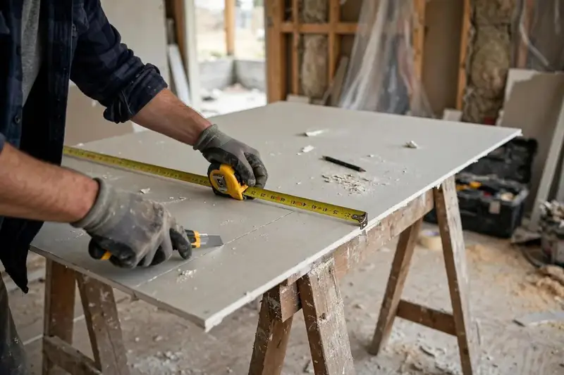 Worker measuring and scoring a drywall sheet in Silver Spring