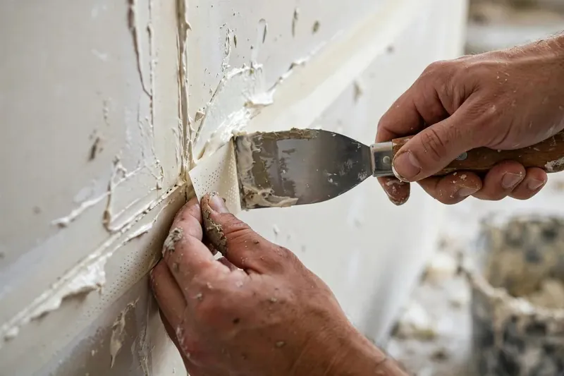 Hands pressing paper tape into joint compound on a wall seam