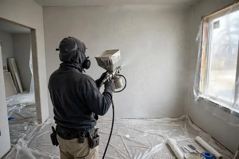 Worker spraying orange-peel texture on a wall